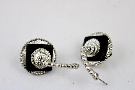 Vintage Silver Black Earrings Unique Hoop & Dangl… - image 6