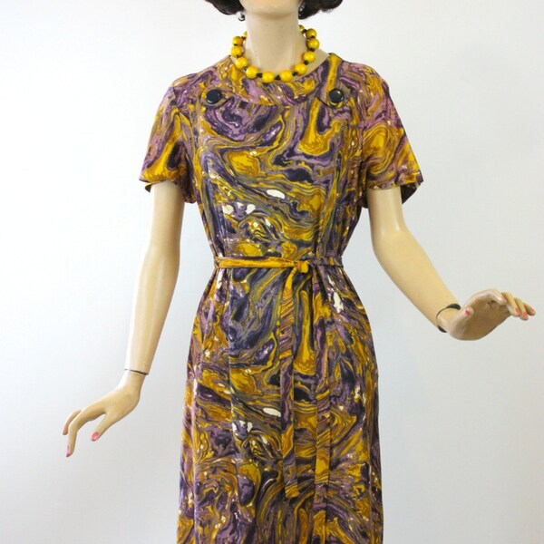 Vintage 60s Day Dress Purple & Gold Watercolor Print Dress by Flutterbye Size Large