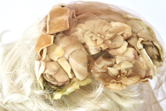 50s Silk Floral Veil Hat Green & Light Brown Tull… - image 4