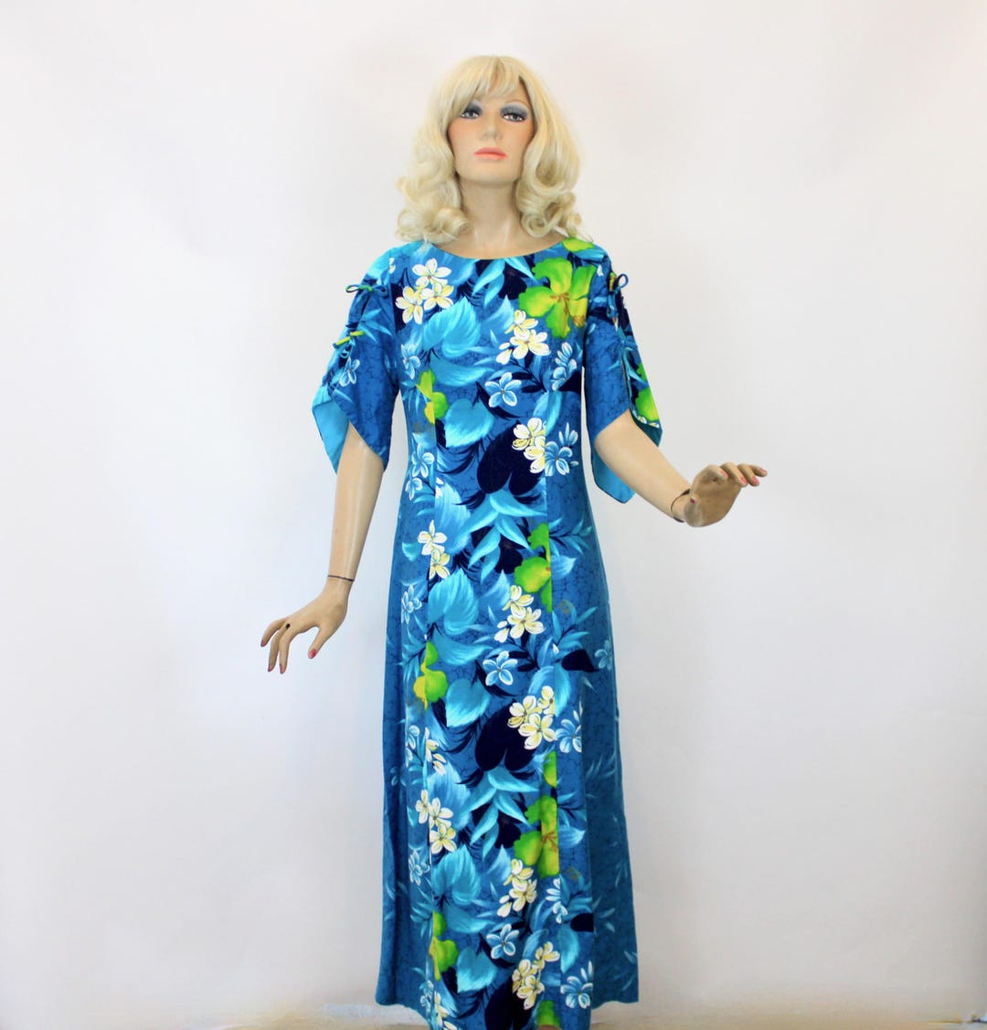 Vintage 70s Hawaiian Maxi Dress Blue Cotton Tropical Florals Size S B34 ...