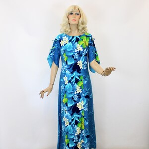 Vintage 70s Hawaiian Maxi Dress Blue Cotton Tropical Florals Size S B34