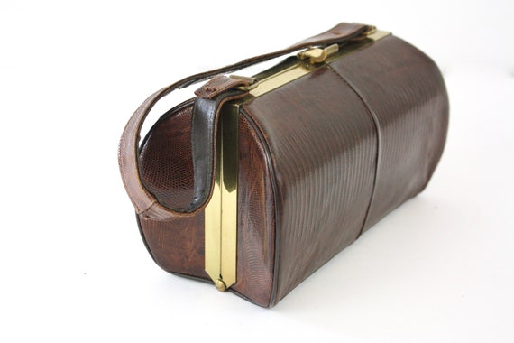 50s  Box Purse Small Brown Lizard Skin Barrel Sha… - image 5