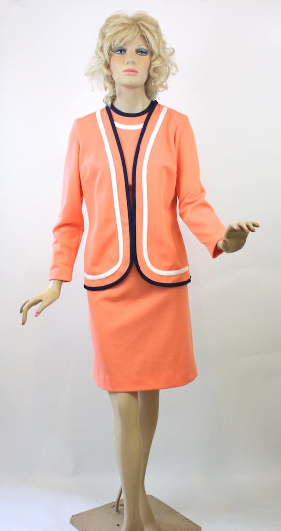 Vintage  Dress w Jacket Peach & Navy Shift Dress … - image 2