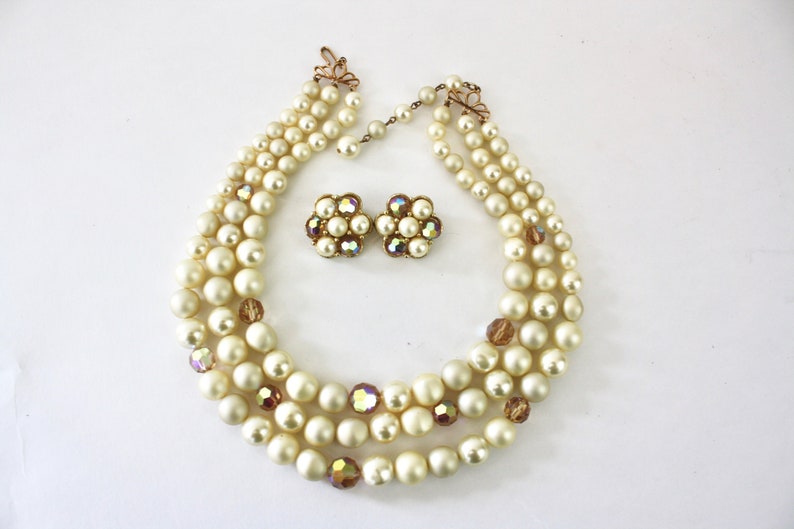 Vintage 60s Choker Earrings Richelieu 3 Strand Graduating Pearl AB Crystal Beads Goldtone Metal Clip on Earrings Signed