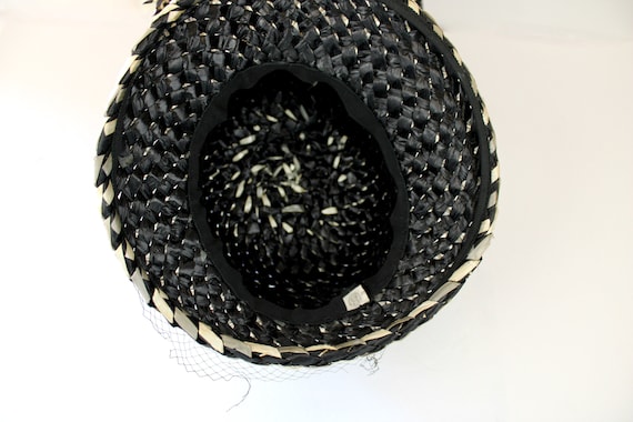 60s Straw Veil Hat Black Gray White Fedora Straw … - image 8