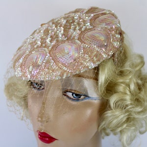 50s Pink Sequin Hat Sculptured w Iridescent Sequins Veil Tilt Formal Hat image 6