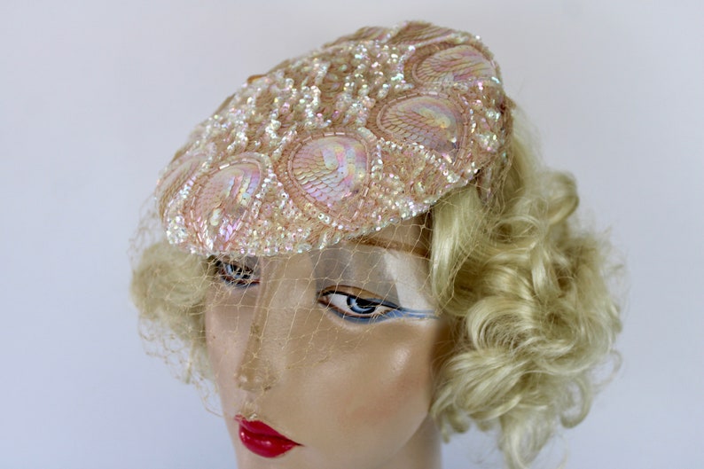 50s Pink Sequin Hat Sculptured w Iridescent Sequins Veil Tilt Formal Hat image 6