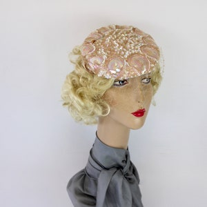 50s Pink Sequin Hat Sculptured w Iridescent Sequins Veil Tilt Formal Hat image 2