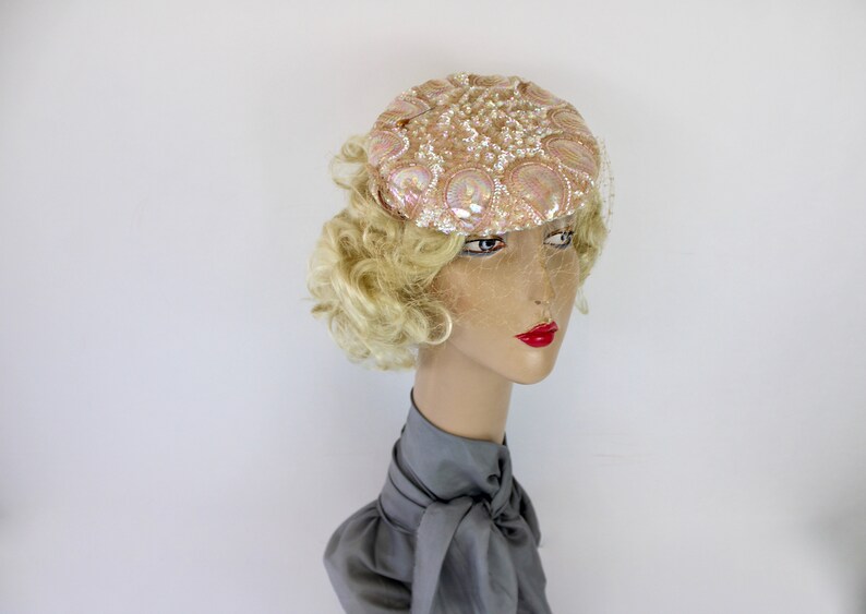 50s Pink Sequin Hat Sculptured w Iridescent Sequins Veil Tilt Formal Hat image 2