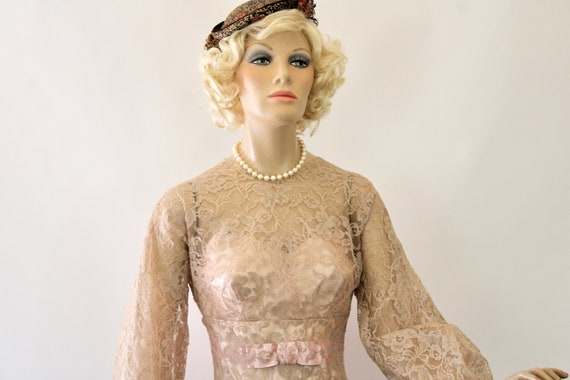 Vintage Formal Dress Sheer Nude Lace & Pink Satin… - image 6