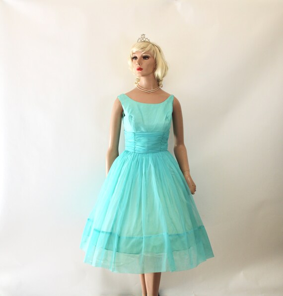 Vintage 50s Prom Dress Turquoise Chiffon Full Skirt Size Small Bust 34 -   Australia