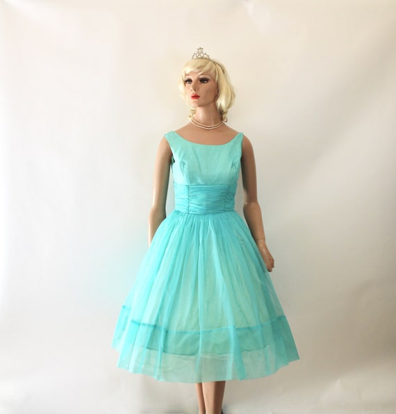 Vintage 50s Prom Dress Turquoise Chiffon Full Skirt Size Small Bust 34 -   Australia