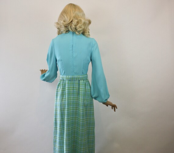 60s Maxi Dress Turquoise Top w Pussy Bow Tie  Pla… - image 8