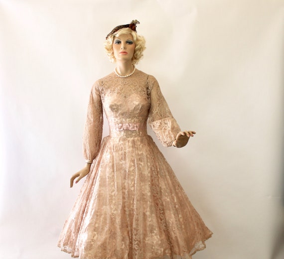 Vintage Formal Dress Sheer Nude Lace & Pink Satin… - image 1