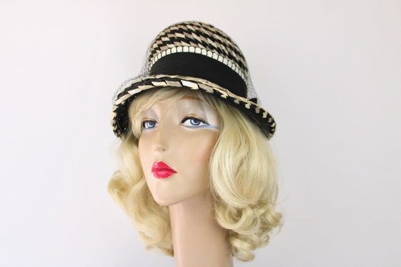 60s Straw Veil Hat Black Gray White Fedora Straw … - image 1