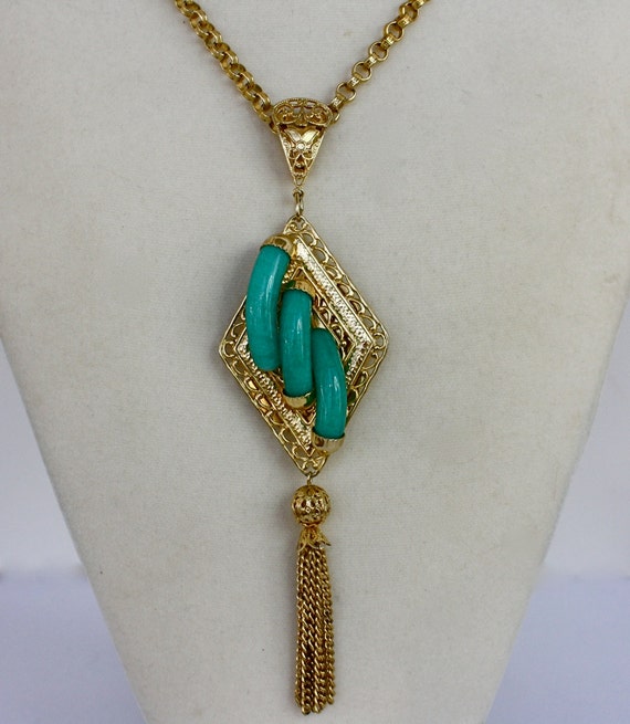 60s Jade Pendant Necklace  Gold Chain 7" Tassel P… - image 2