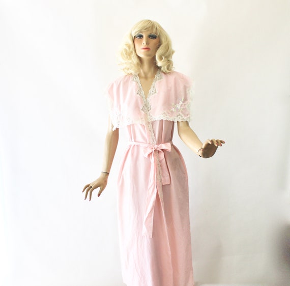 80s Gown Robe Vintage Pink Cotton Wrap   Size L B… - image 1