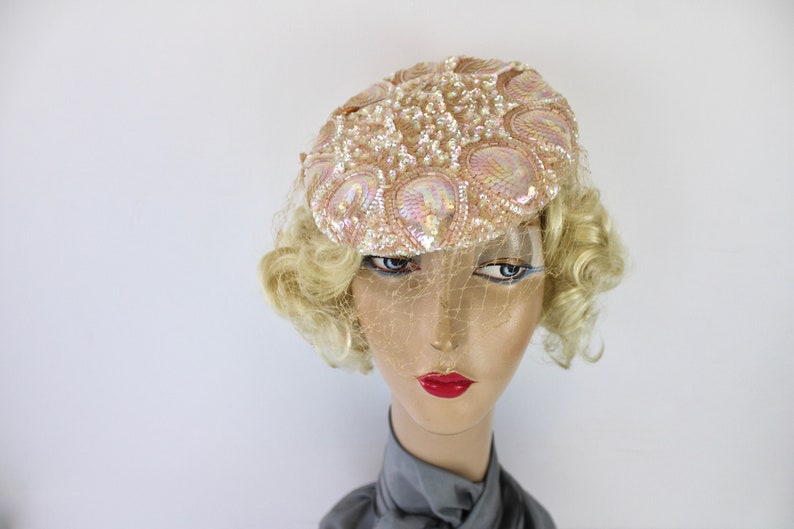 50s Pink Sequin Hat Sculptured w Iridescent Sequins Veil Tilt Formal Hat image 1