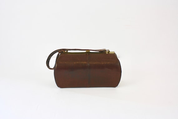 50s  Box Purse Small Brown Lizard Skin Barrel Sha… - image 1