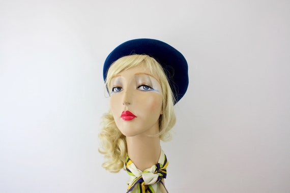 60s Pill Box Hat Royal Blue Velour Felt  Wide Bri… - image 4