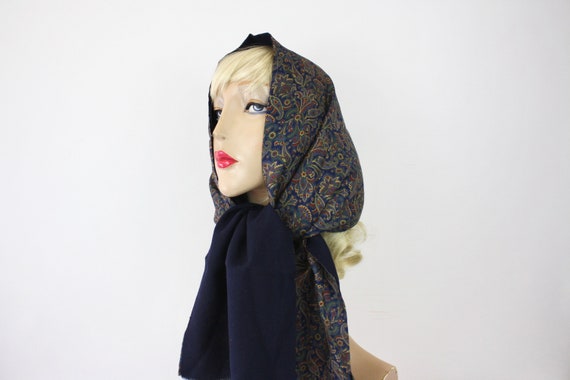 80s Silk & Wool Scarf Oblong Navy Floral Paisley - image 1