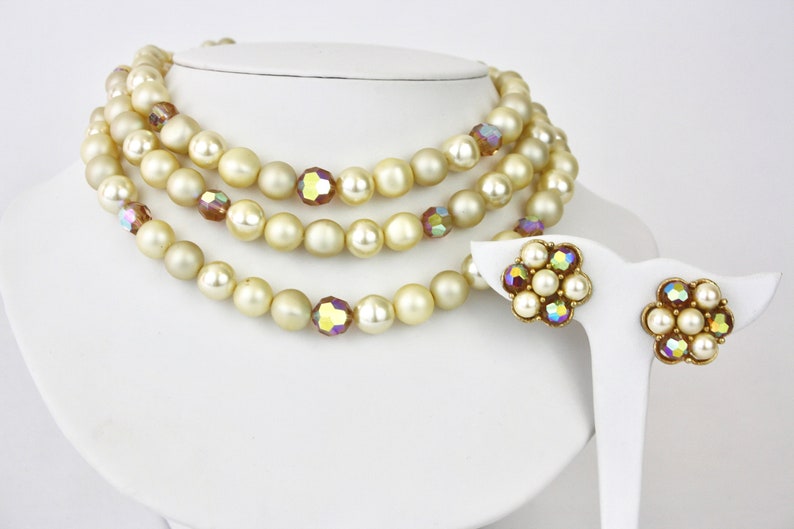 Vintage 60s Choker Earrings Richelieu 3 Strand Graduating Pearl AB Crystal Beads Goldtone Metal Clip on Earrings Signed