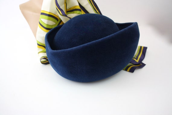 60s Pill Box Hat Royal Blue Velour Felt  Wide Bri… - image 10