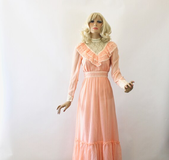 70s Candi Jones Maxi Dress Peach & Cream Sheer Cot