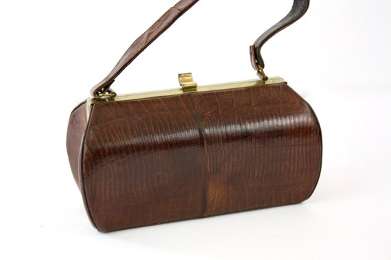 50s  Box Purse Small Brown Lizard Skin Barrel Sha… - image 7