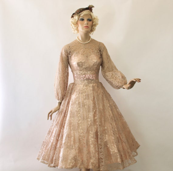 Vintage Formal Dress Sheer Nude Lace & Pink Satin… - image 5