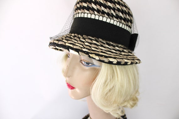 60s Straw Veil Hat Black Gray White Fedora Straw … - image 2