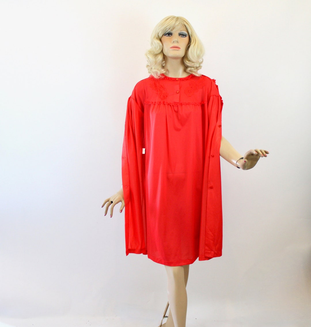 Vintage 60s Gown & Robe Red Silky Nylon Short Set Size Large Bust 42 - Etsy