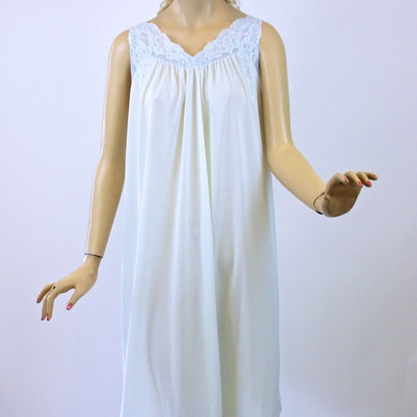 Vintage 60s Shadowline NightGown Pale Blue Nylon & Lace Short Gown Size Medium