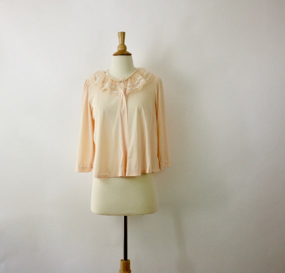 60s Bed Jacket Miss Elaine  Peach Nylon Ruffle Co… - image 2