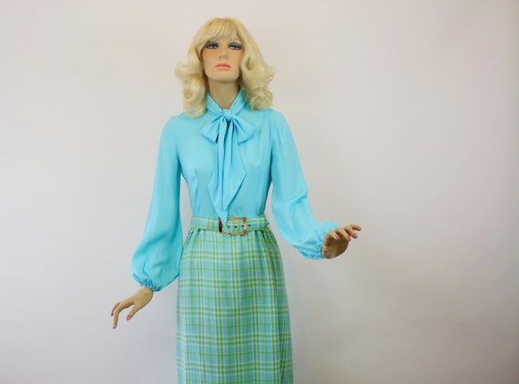 60s Maxi Dress Turquoise Top w Pussy Bow Tie  Pla… - image 5