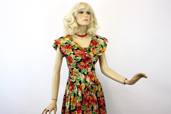 Vintage Day Dress NOS   Black Cotton Floral Dress… - image 7