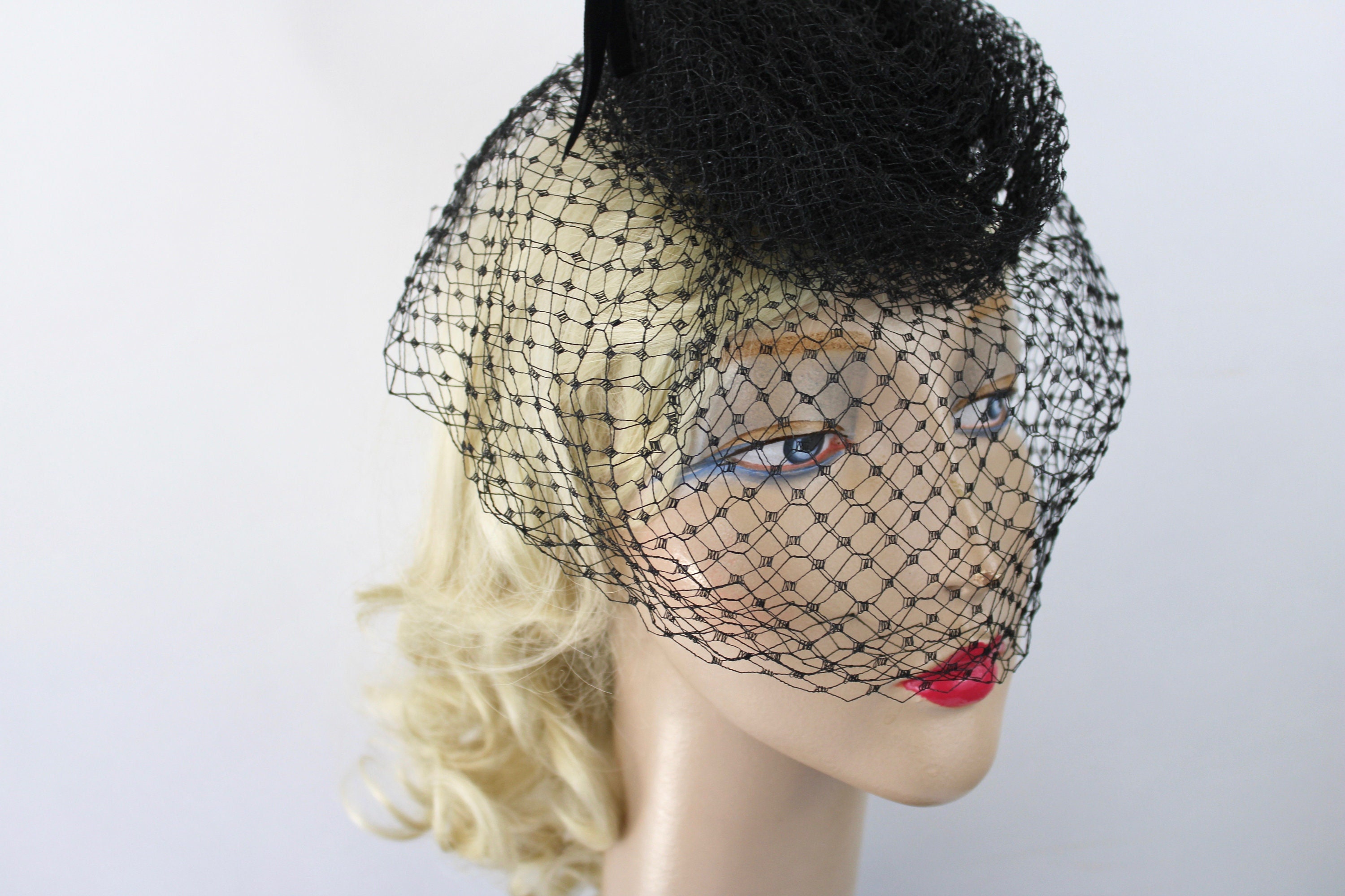50s Whimsy Veil Hat Black Stiff Tulle Veil Black Velvet Bow by Norman Paulvin