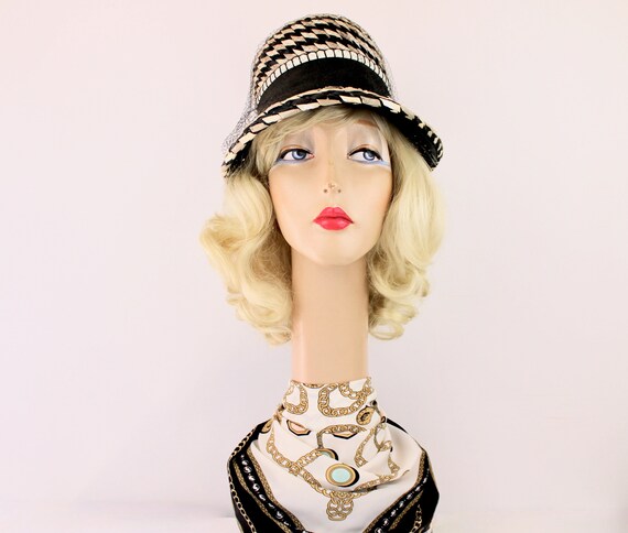 60s Straw Veil Hat Black Gray White Fedora Straw … - image 4