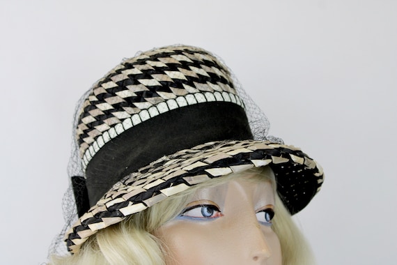 60s Straw Veil Hat Black Gray White Fedora Straw … - image 6
