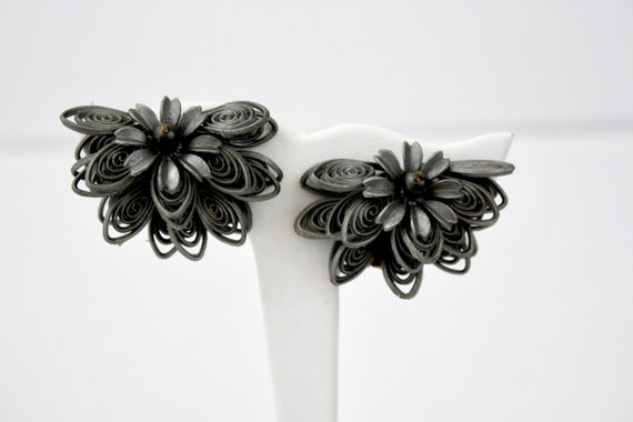 50s Flower Earrings NOS Large Silver Grey  Plasti… - image 1