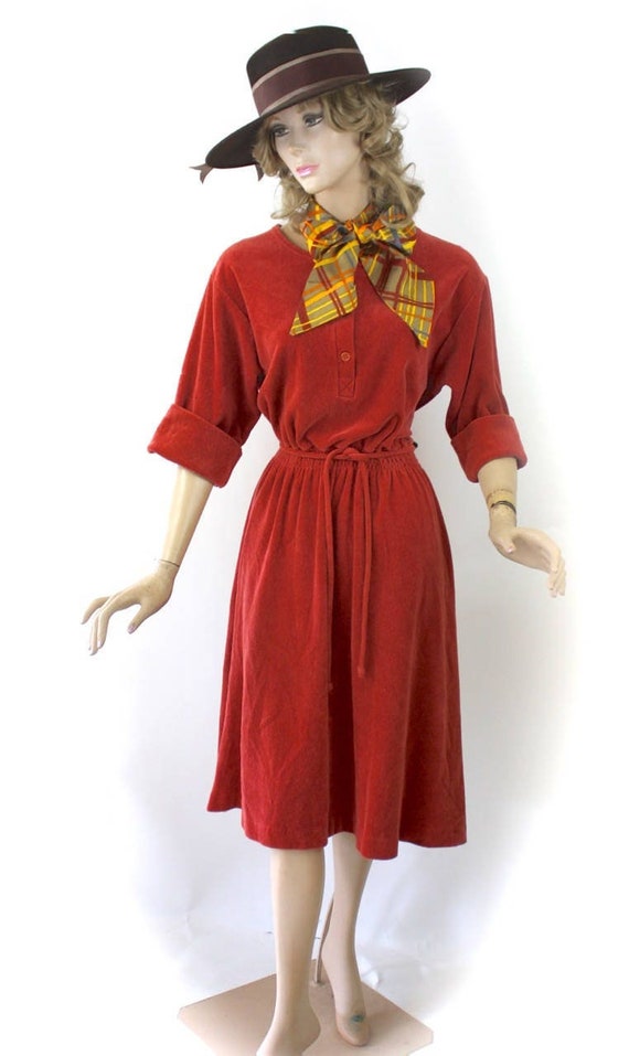 70s Day Dress Shirtwaist  Rust Red Cotton Velour  