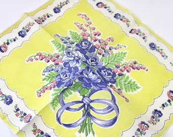 Vintage Floral Handkerchief Yellow Hankie w Large Bouquet Flowers FH59