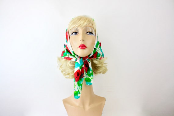 70s Silk Floral Scarf Square White w Red Poppies T