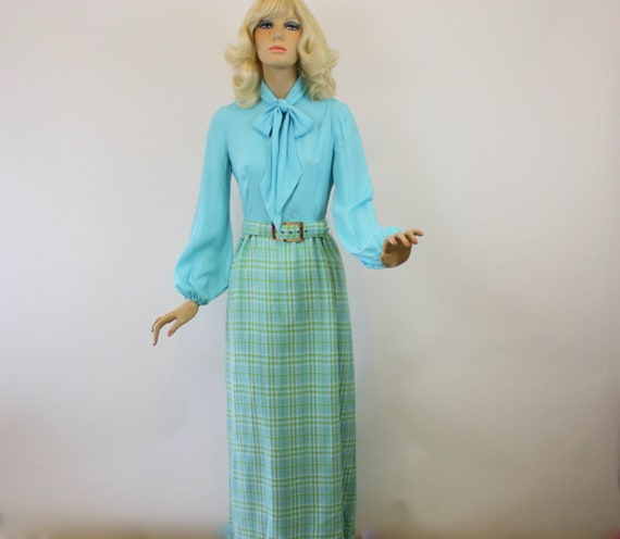 60s Maxi Dress Turquoise Top w Pussy Bow Tie  Pla… - image 2