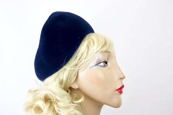 60s Pill Box Hat Royal Blue Velour Felt  Wide Bri… - image 1