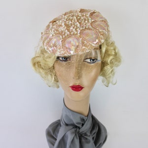 50s Pink Sequin Hat Sculptured w Iridescent Sequins Veil Tilt Formal Hat image 4