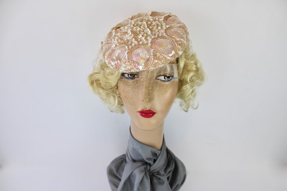 50s Pink Sequin Hat Sculptured w Iridescent Sequi… - image 4