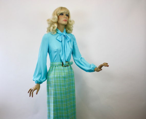 60s Maxi Dress Turquoise Top w Pussy Bow Tie  Pla… - image 6