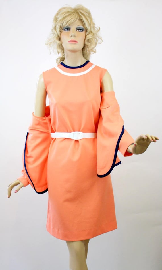 Vintage 70s Dress w Jacket Peach & Navy Polyester