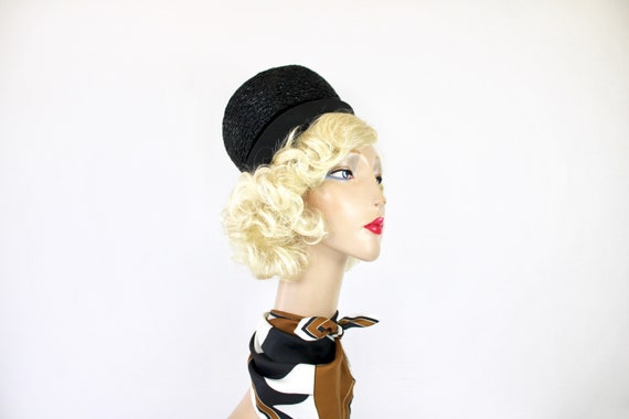 60s Pill Box Hat Mr. John Jr. Black Fine Straw & Black Shantung Brim